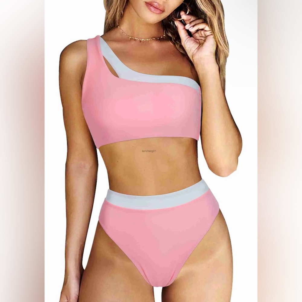 Pink and white one shoulder 2 piece bathing suit nwot